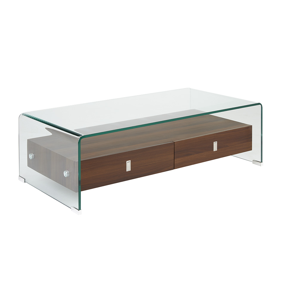 Bent Glass Coffee Table with Wood Shelves