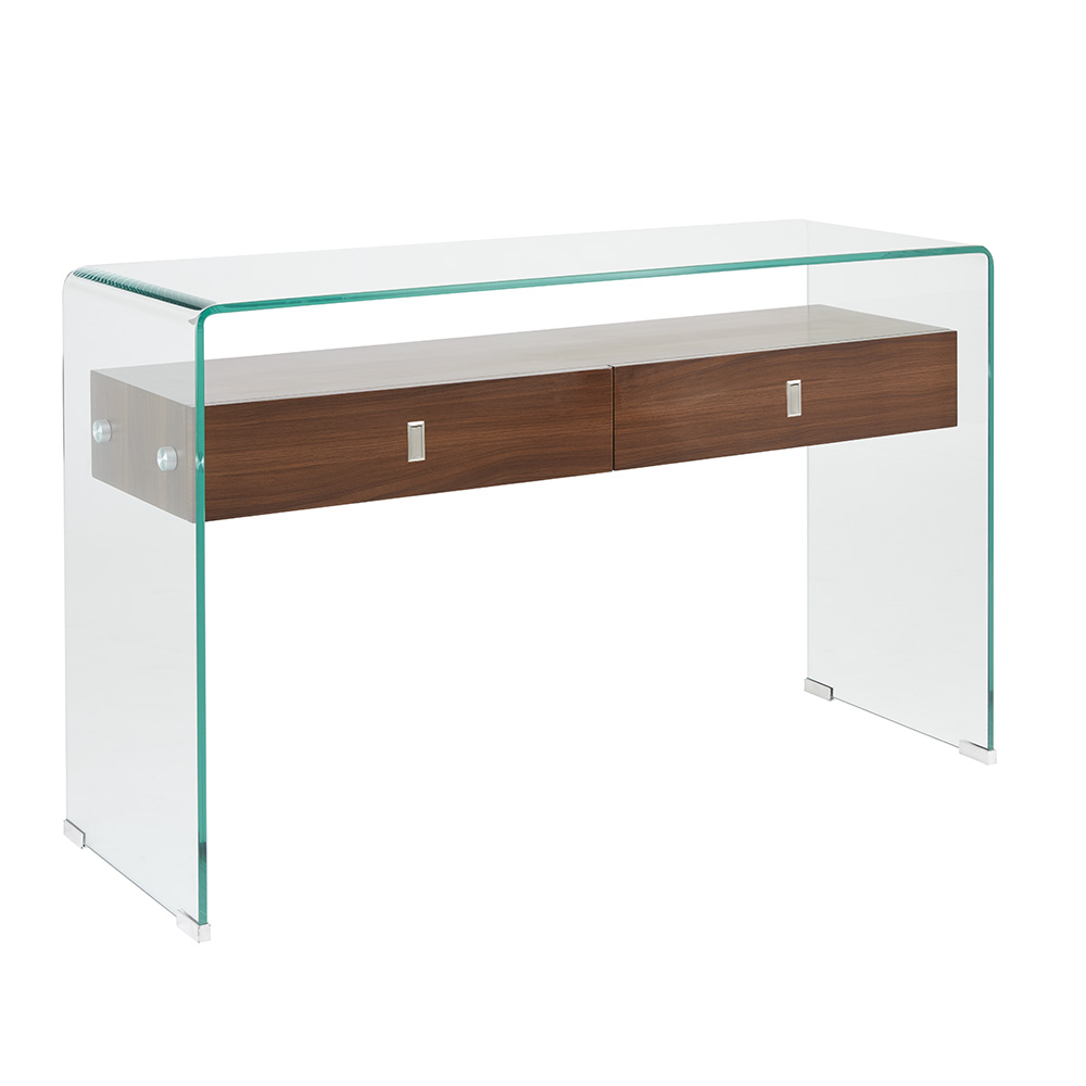 Bent Glass Console Table with Wood Shelves